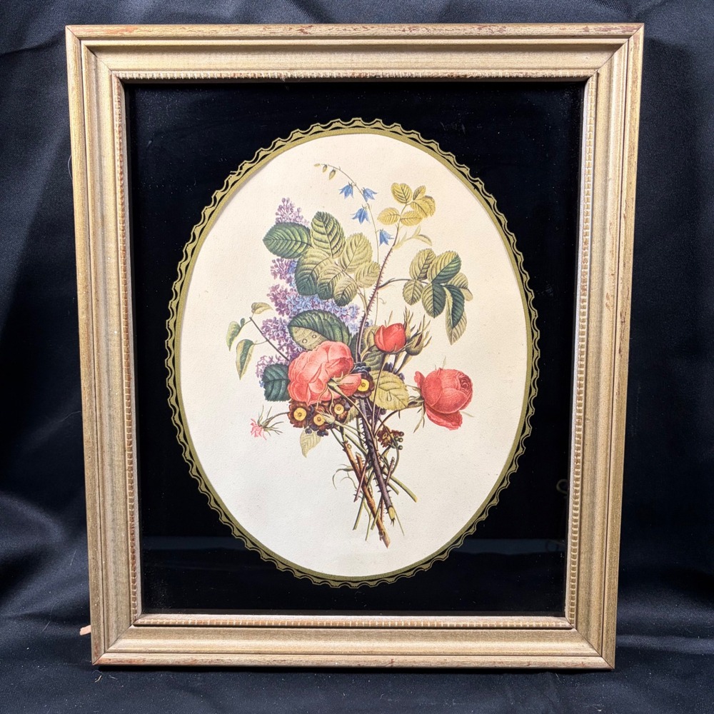 Hochschild Kohn Vintage Botanical Rose Floral Print Black Glass Mat Gilt Frame